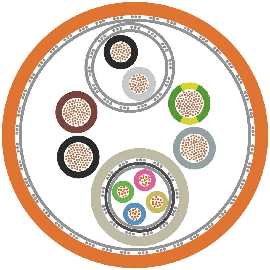 Un taglio trasversale di un cavo con conduttori di diversi colori simboleggia funzioni o segnali differenti.