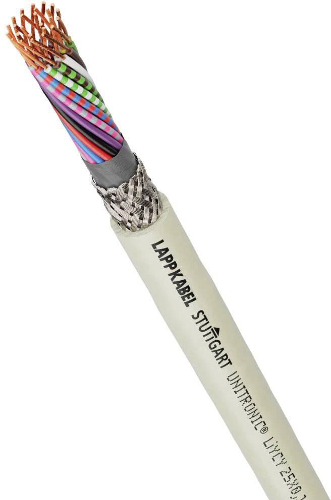 Un cavo aperto che mostra diversi fili colorati, con la scritta 'LAPP KABEL STUTTGART UNITRONIC' sul rivestimento esterno.