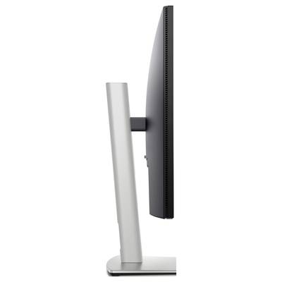 Vista laterale di un monitor per computer sottile con design minimalista, base di supporto argentata.