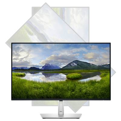 Un monitor mostra un paesaggio con montagne sullo sfondo, un lago al centro e erba verde in primo piano.