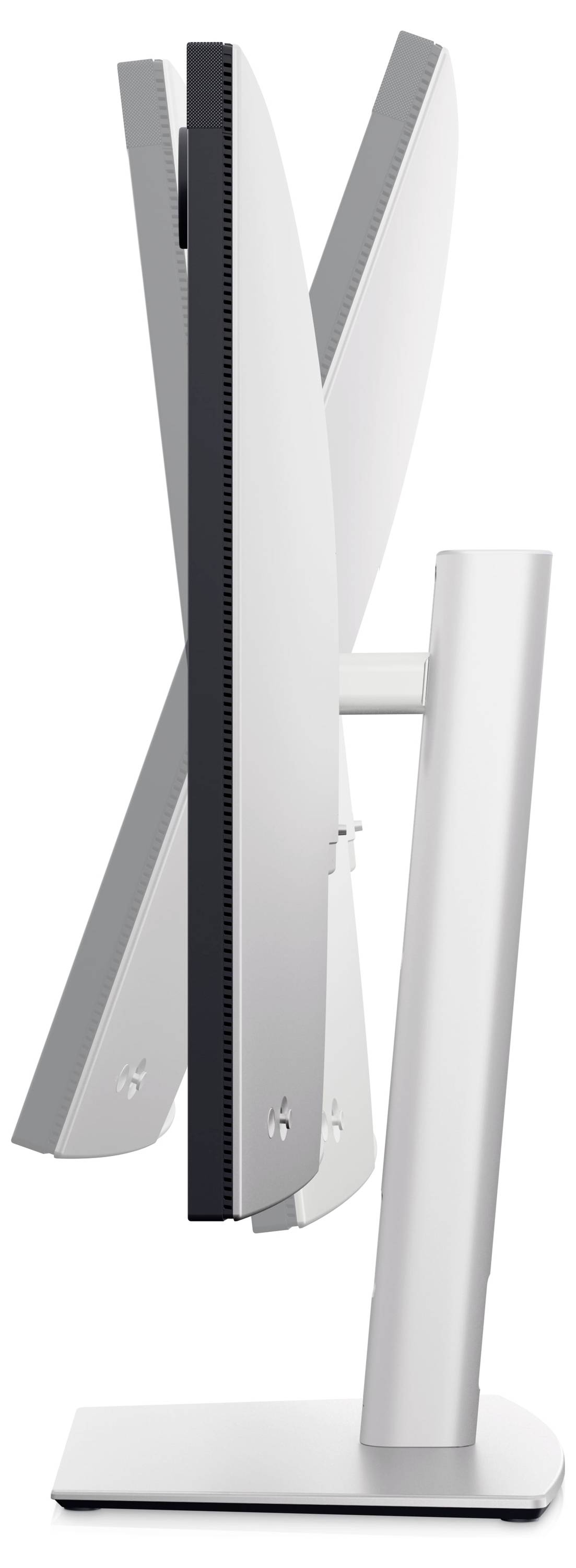 Un monitor bianco per computer con cornice sottile, inclinato di lato, fissato su un supporto snello, su sfondo bianco.