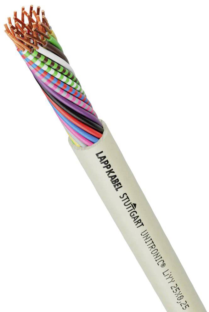 Un cavo bianco con numerose anime isolate multicolori che sporgono da un'estremità. Sul cavo è riportato 'Lappkabel Stuttgart UNITRONIC'.