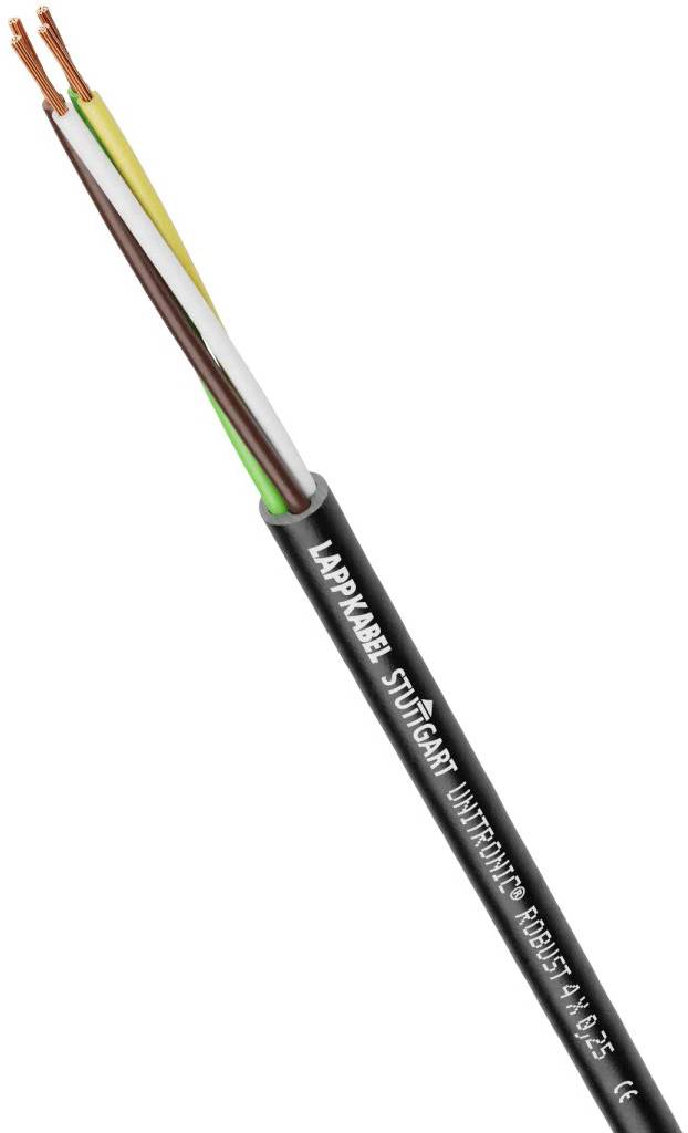 Un cavo elettrico nero con quattro conduttori interni colorati (marrone, bianco, giallo, verde) con la scritta 'LAPPKABEL STUTTGART'.