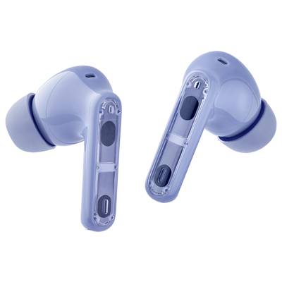 Due auricolari wireless blu, ciascuno con gommini in silicone. Uno mostra il lato esterno, l'altro il layout interno.