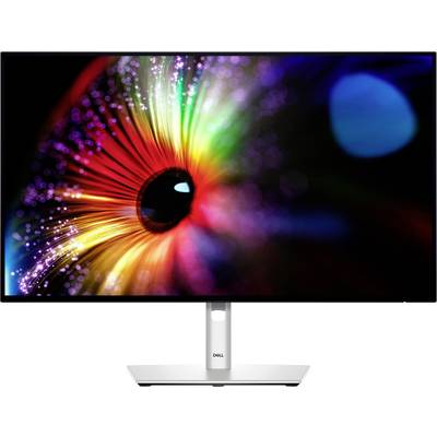 Un monitor mostra un'immagine astratta e colorata con colori vivaci e un cerchio nero centrale al centro dell'attenzione.