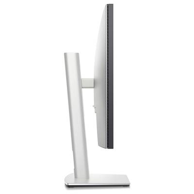 Un monitor ultra sottile in profilo, montato su un supporto metallico stabile. Lo schermo è piatto e privo di cornice, ideale per uffici moderni.