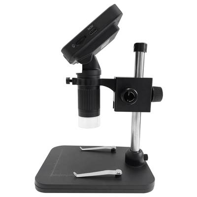 Microscopio digitale su un supporto con braccio regolabile, componente della fotocamera rivolta verso sinistra. Disco di regolazione per la messa a fuoco visibile.