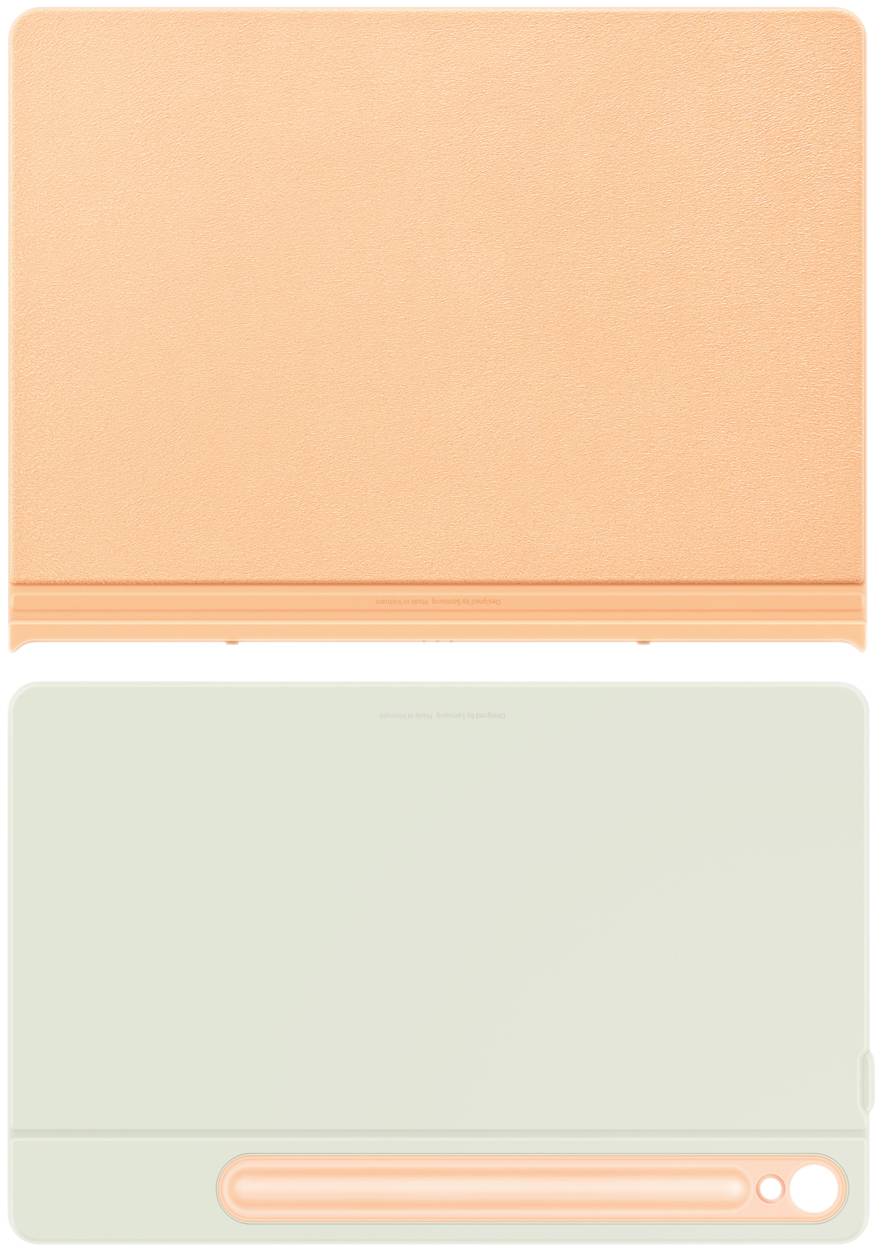 Un'custodia protettiva per tablet in due prospettive: un lato anteriore arancione e un lato posteriore beige con fori per la fotocamera.