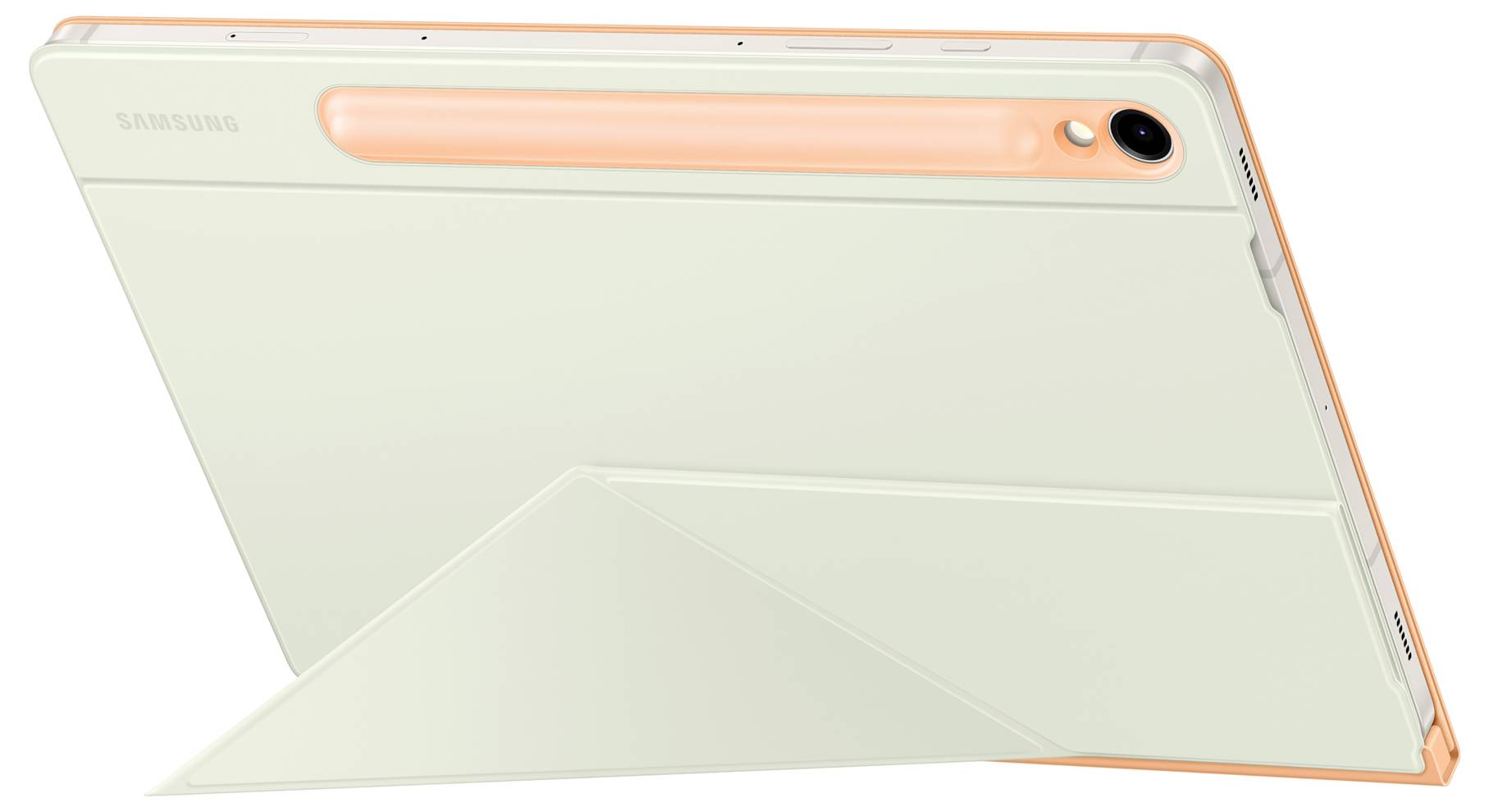 Un tablet con un meccanismo simile a un supporto sul retro, una fotocamera in alto a destra e un bordo arancione.