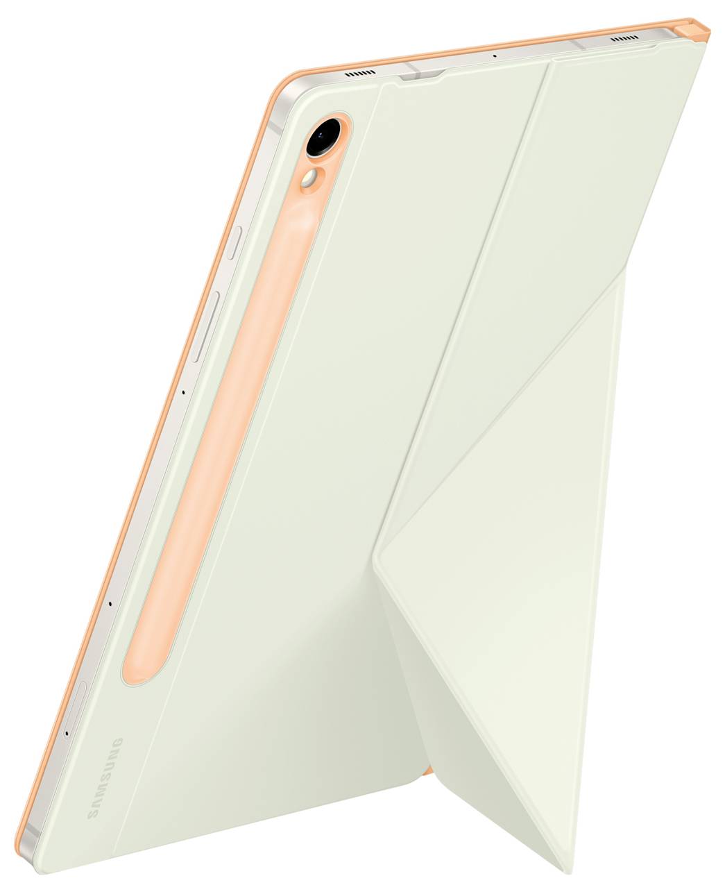 Un tablet con una penna arancione sul retro e un custodia aperta che funge da supporto.