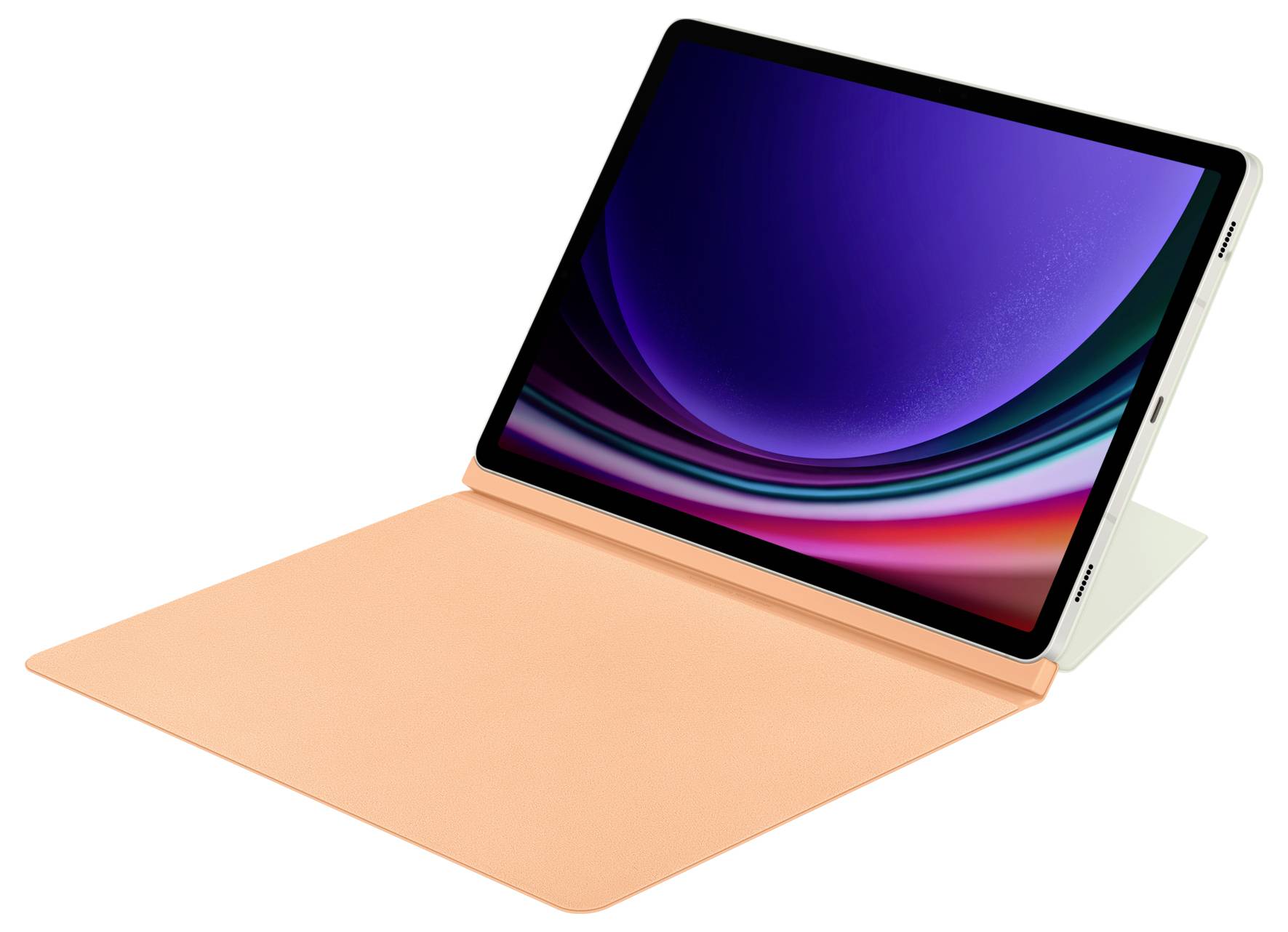 Un tablet con un cover arancione aperto che mostra sullo schermo onde astratte e colorate.