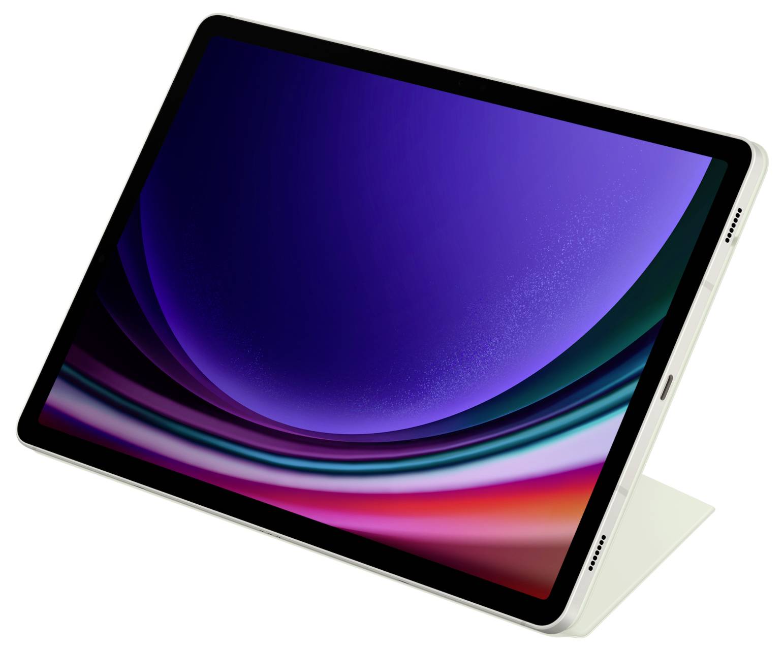 Tablet con cover tastiera rimovibile visto di lato, poggiato su un supporto. Lo schermo mostra un gradiente di colore.