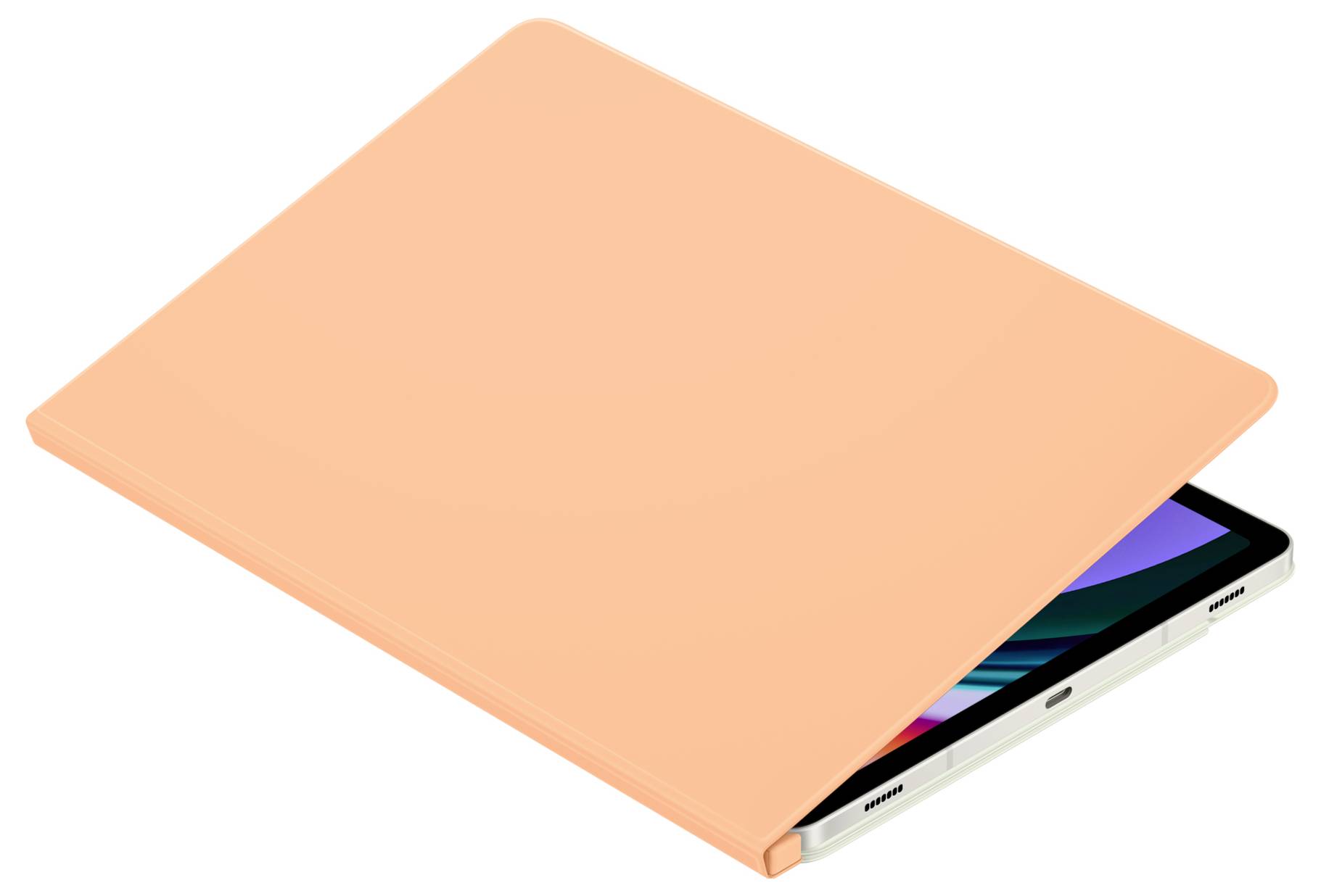 Un tablet con una custodia arancione è parzialmente chiuso.