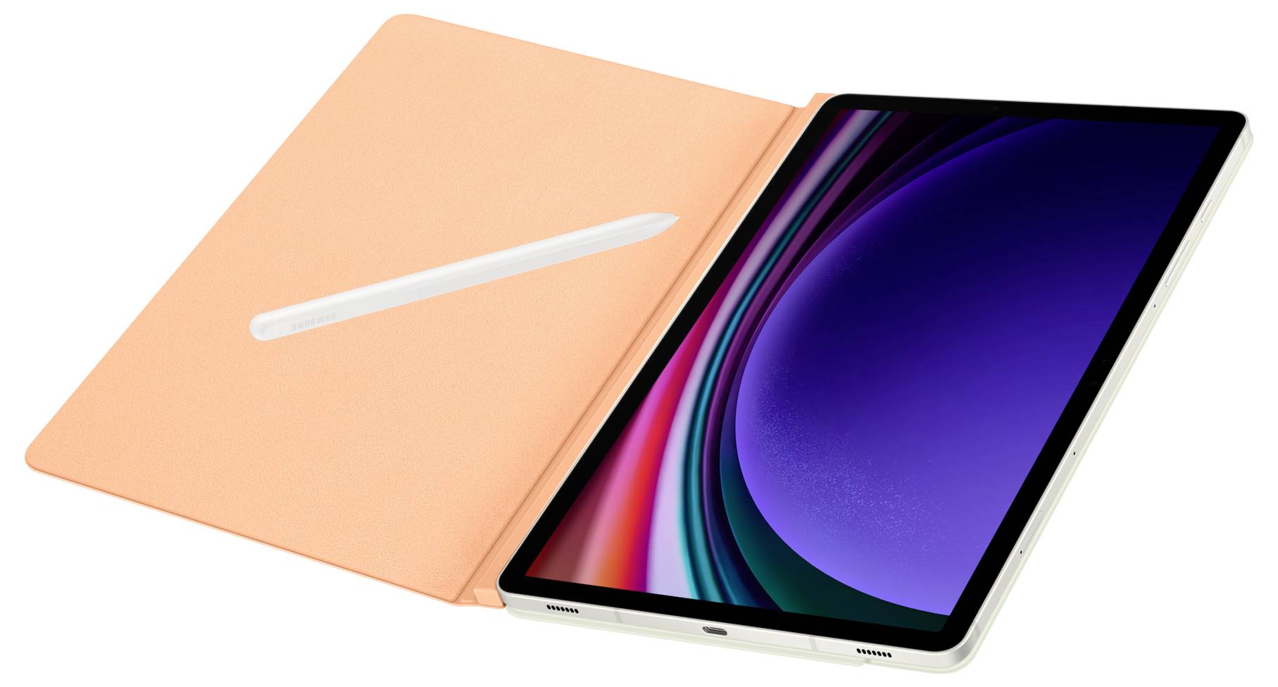 Tablet con cover rimovibile e penna. Sullo schermo motivi ondulati colorati. Cover arancione aperta. Penna bianca e sottile.