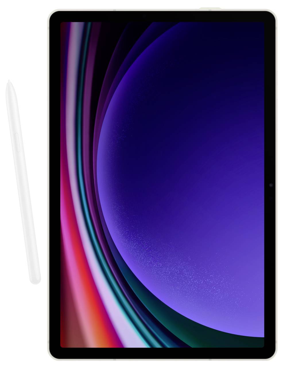 Tablet con uno schermo colorato che mostra un effetto arcobaleno. Accanto ad esso, è presente uno stylus bianco. Ideale per lavori creativi.