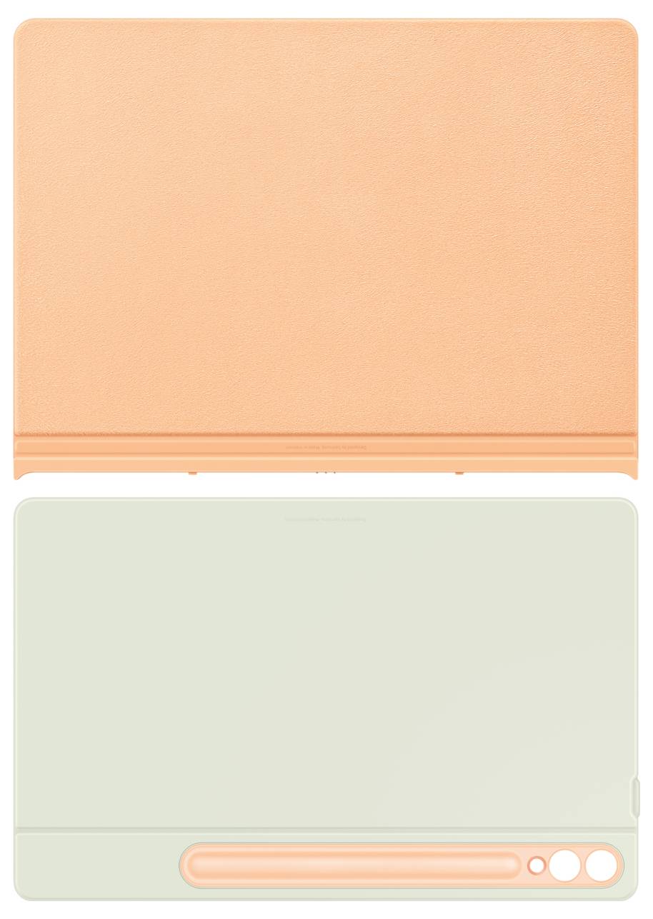 Un involucro per tablet arancione con base coordinata. Presenta tagli e aperture per la fotocamera e i comandi.