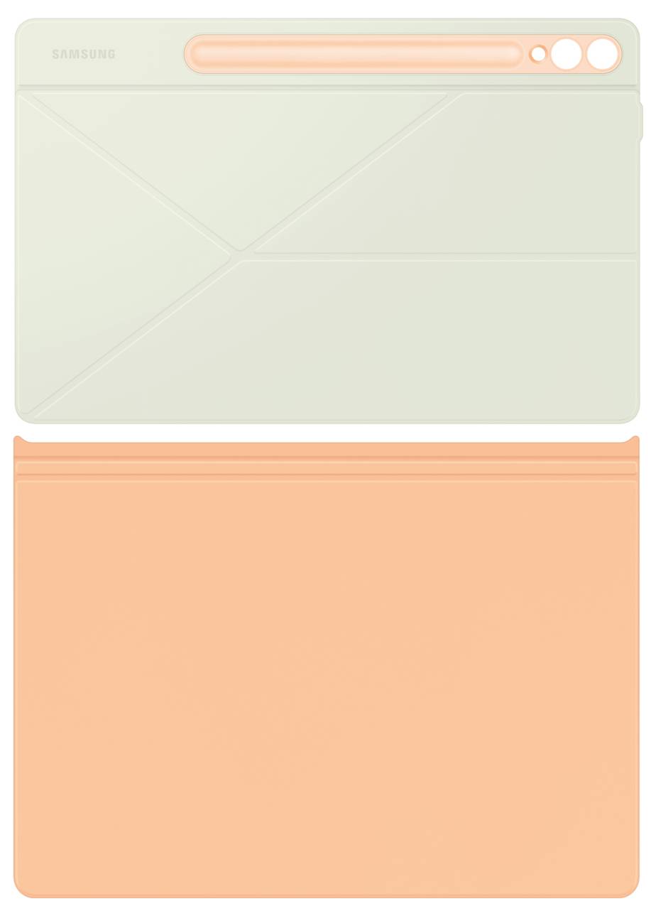 'Due custodie per tablet in beige chiaro e arancione. Quella superiore ha un design minimale con scanalature, quella inferiore è di un unico colore.'