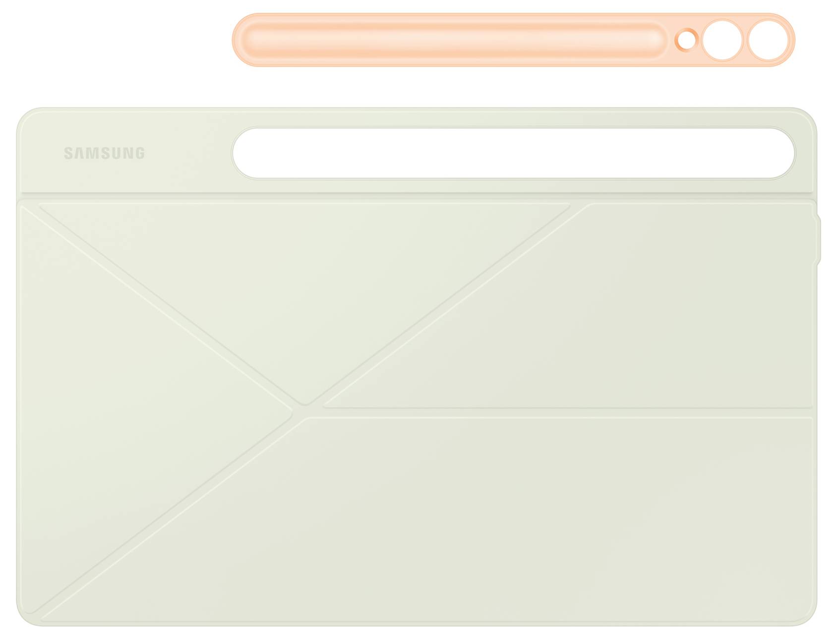 Un tablet Samsung bianco con un retro semplice e moderno. Sopra è presente un vano per penne o accessori di colore arancione.
