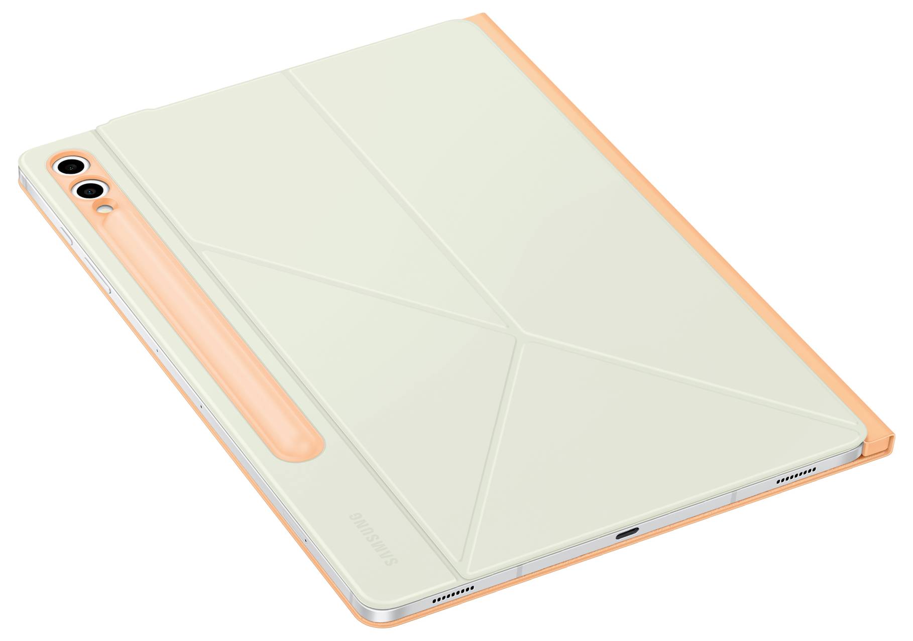 Un tablet con una custodia protettiva arancione è poggiato sul retro, con la fotocamera riconoscibile e il design della custodia visibile.