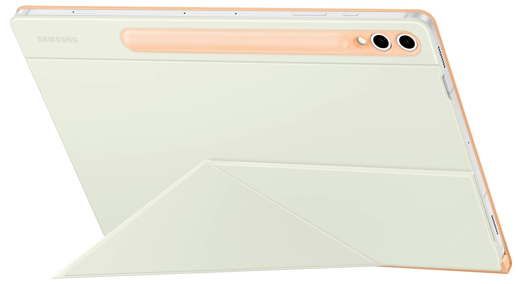 Un tablet bianco con bordo arancione e due fotocamere sul retro. È poggiato su un supporto in posizione inclinata.