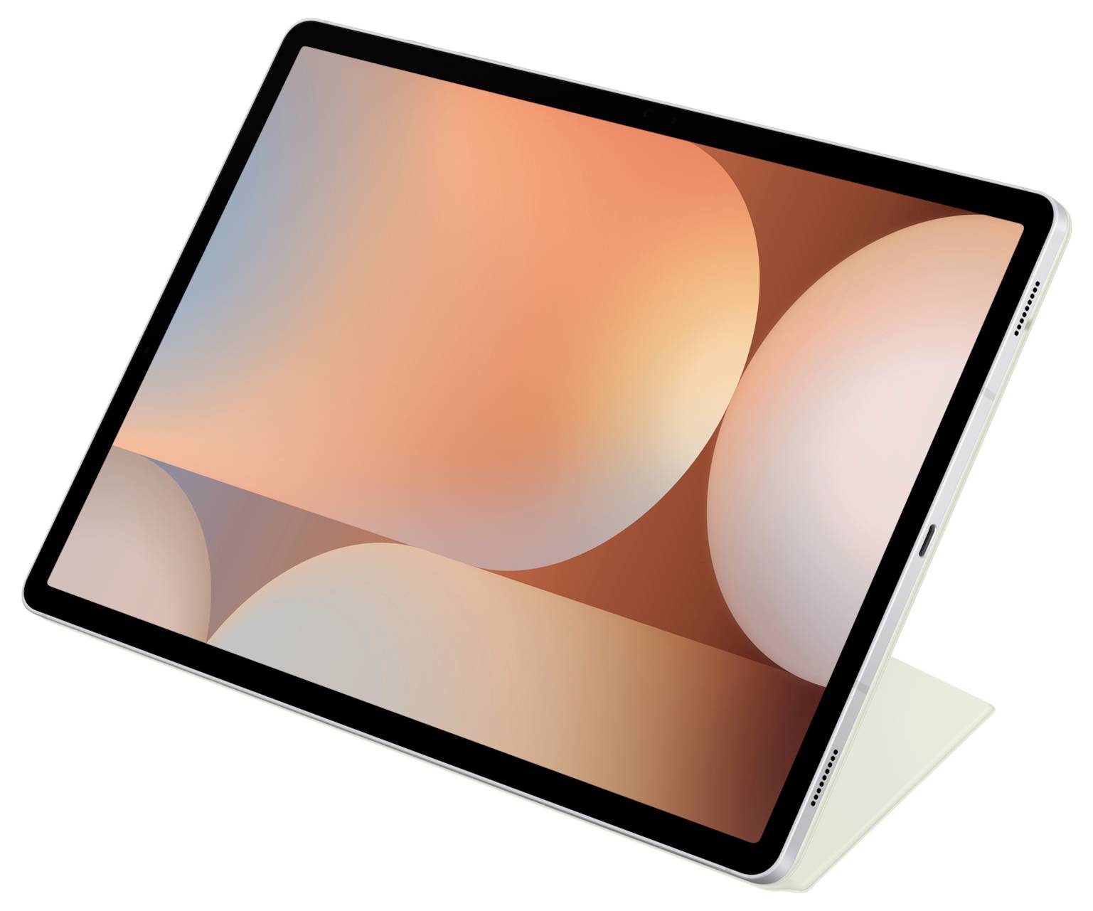 Un tablet moderno con un supporto inclinato, presentato su uno sfondo bianco. Lo schermo mostra forme astratte in colori tenui.