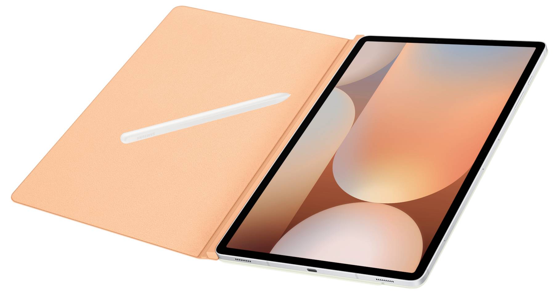 Tablet con cover arancione e stylus su un tavolo. Lo schermo mostra un motivo astratto e luminoso.