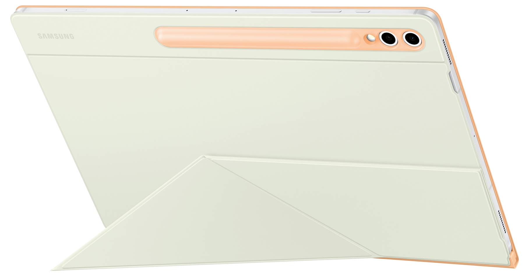 Un tablet con due fotocamere sul retro, poggiato su un supporto integrato.