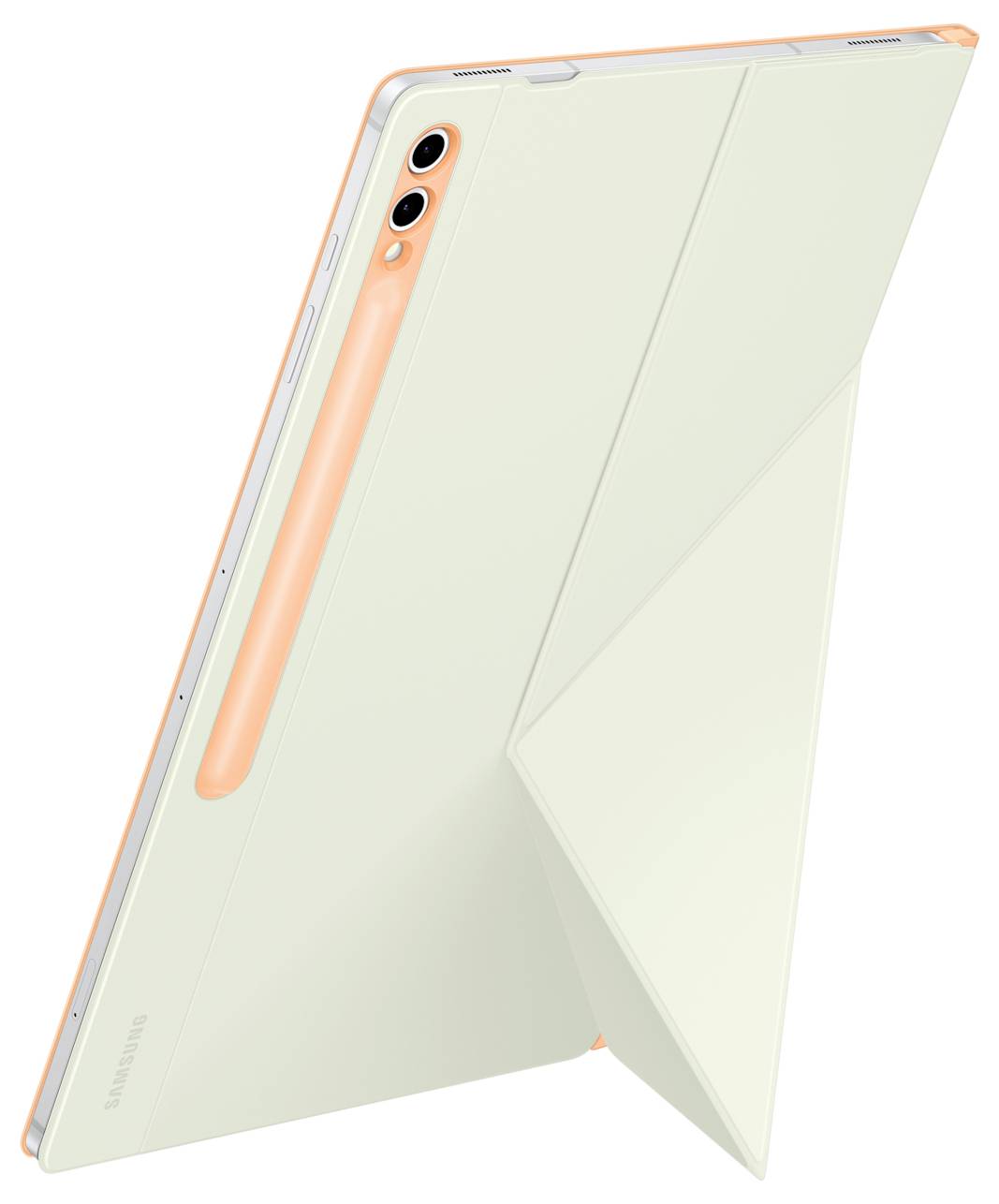 Un tablet con una penna sul retro e una custodia protettiva chiara, posizionato in un angolo per sorreggere il dispositivo in modo efficiente.