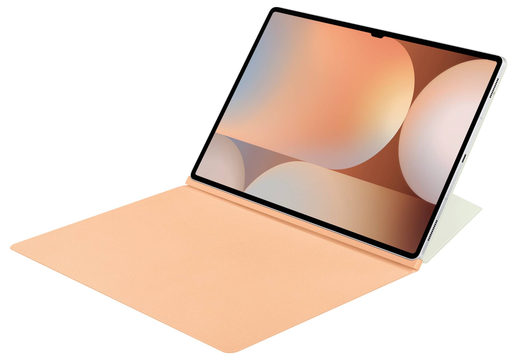 Un tablet con sfondo arancione poggia su una cover abbinata dello stesso colore arancione. Il display mostra diversi cerchi incastrati l'uno dentro l'altro.