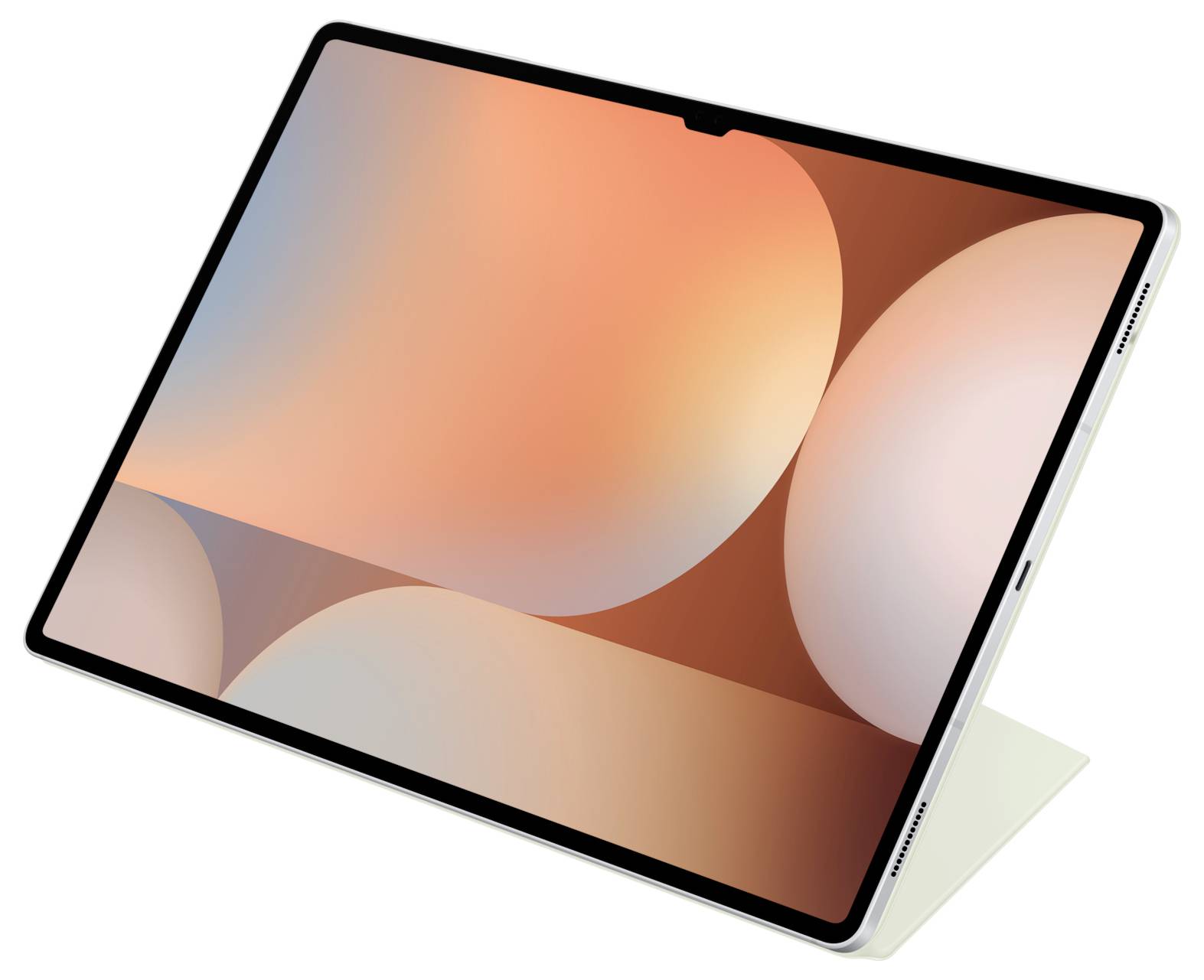 Un tablet moderno in un involucro bianco con uno sfondo minimale e astratto sullo schermo.