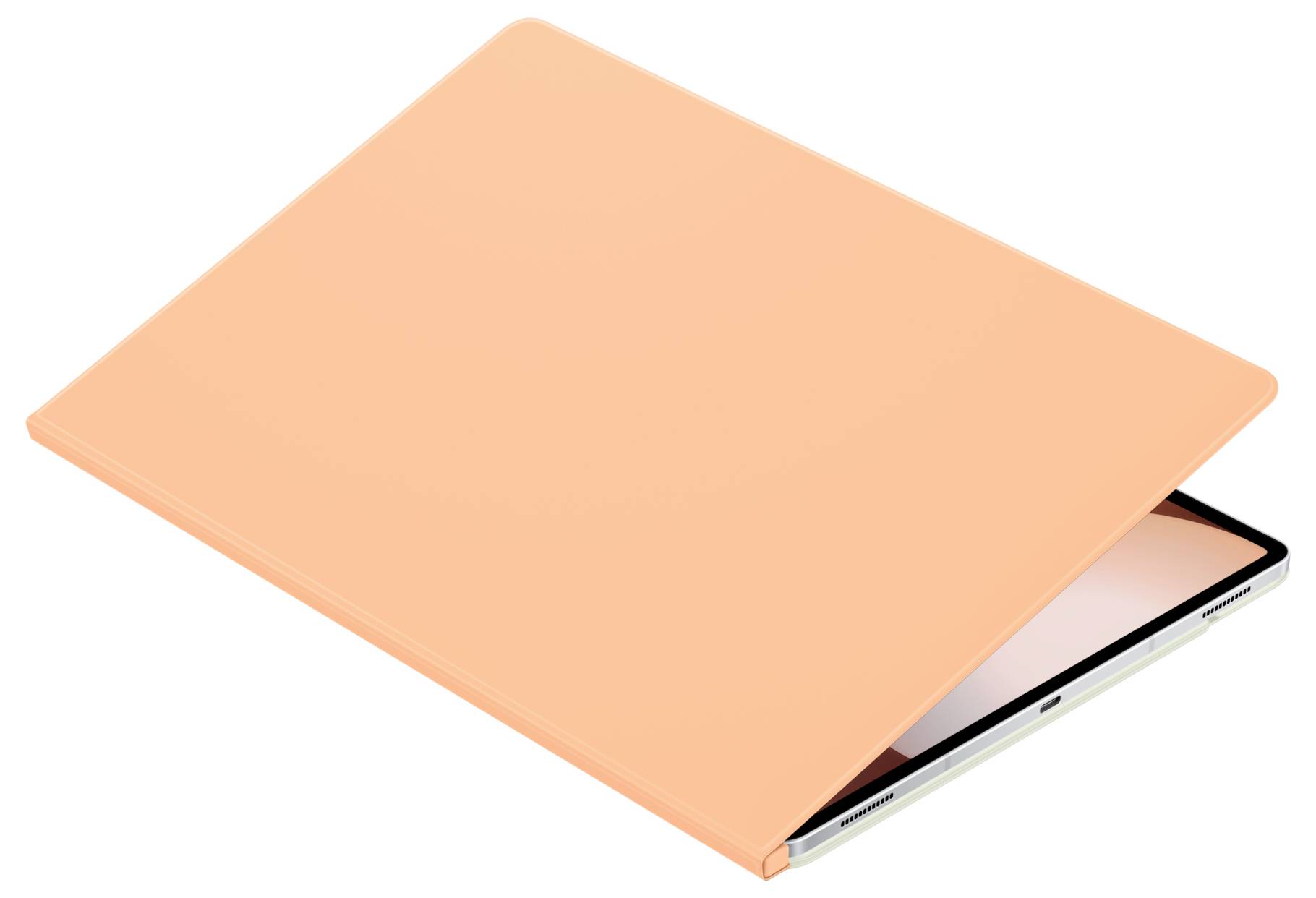 Un laptop leggero con un involucro arancione parzialmente aperto. Solo una parte dello schermo è visibile.
