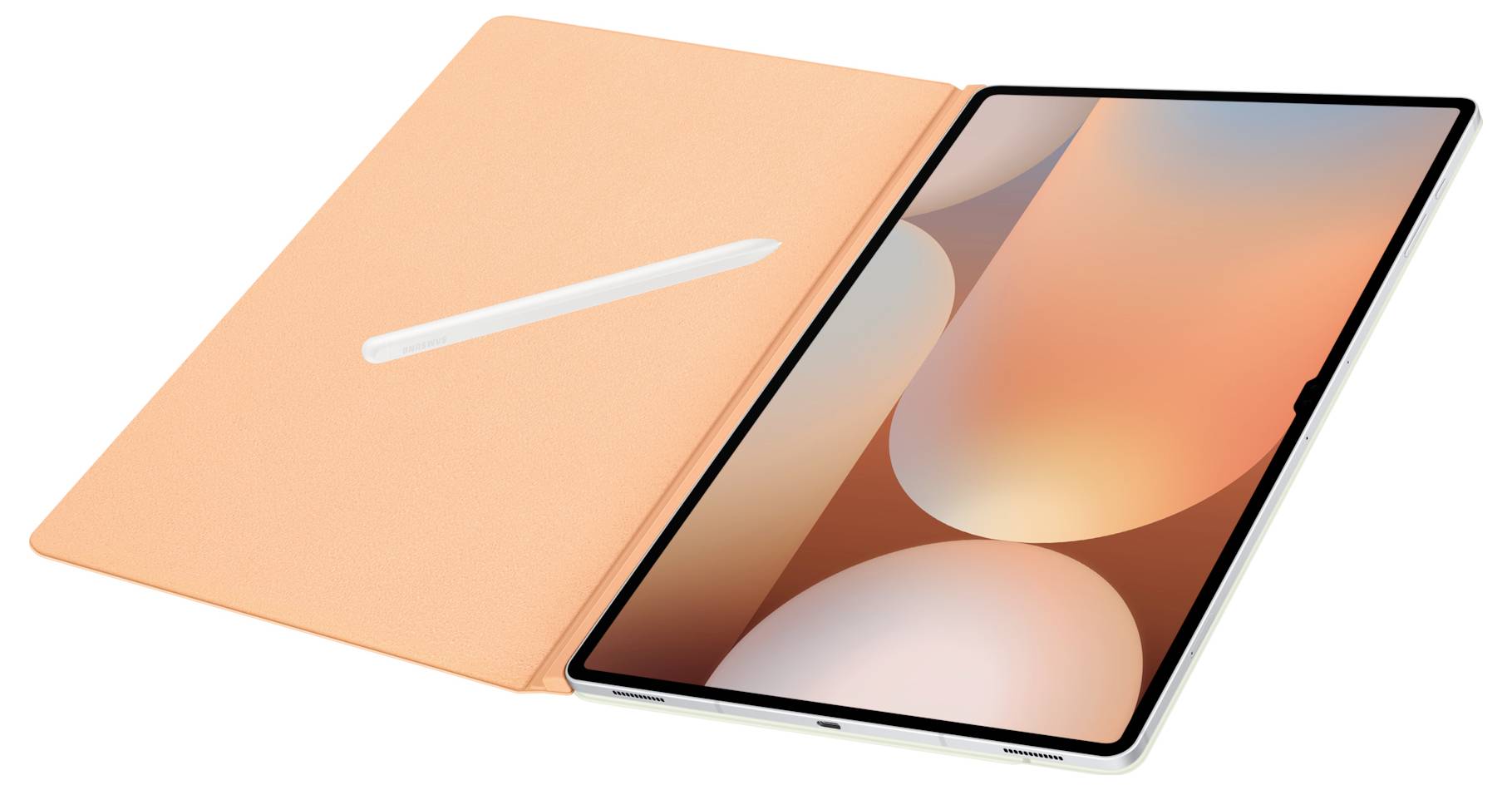 Un tablet con stylus è parzialmente adagiato in una custodia arancione aperta su una superficie bianca. Lo schermo mostra colori astratti.