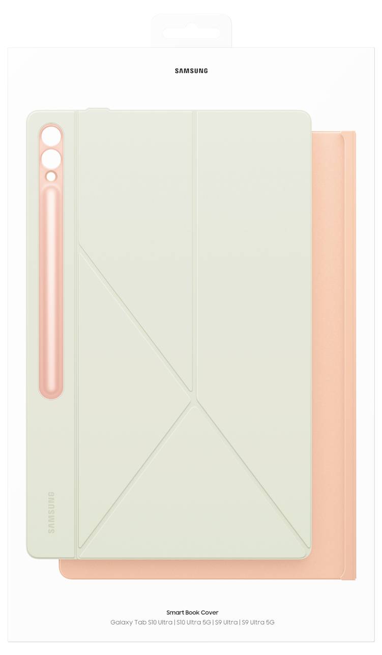 Custodia per Samsung Galaxy Tab S9 Ultra 5G, mostrata in stato aperto. È progettata in beige chiaro con accenti arancioni.