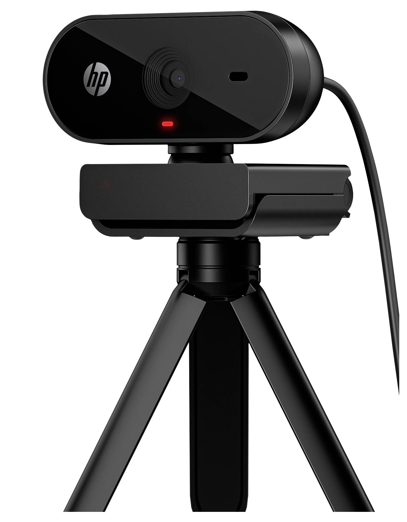 Webcam nera montata su treppiede. Presente un cavo di connessione USB sul retro. La fotocamera è rivolta in avanti, con obiettivo e spia LED visibili.
