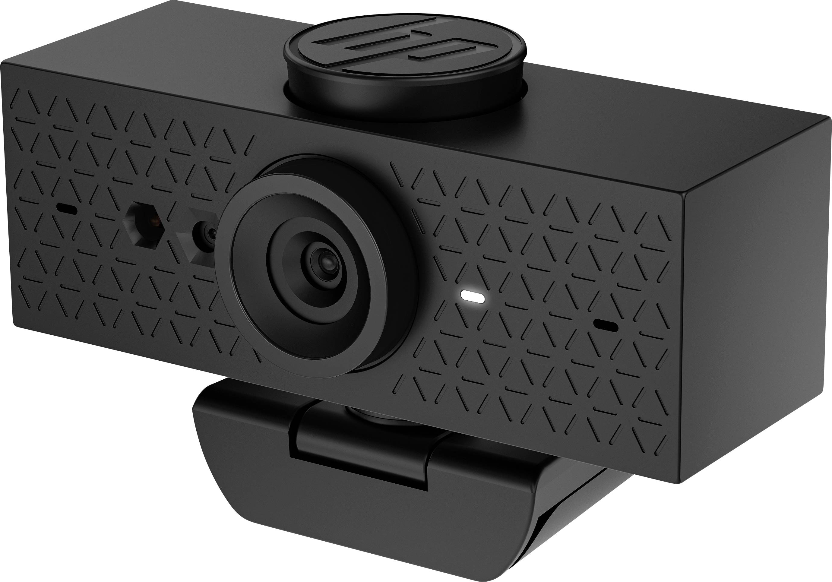 Webcam nera con custodia rettangolare e obiettivo rimovibile. È montata su un supporto e mostra un motivo geometrico.