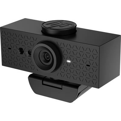 Webcam nera con custodia rettangolare e obiettivo rimovibile. È montata su un supporto e mostra un motivo geometrico.
