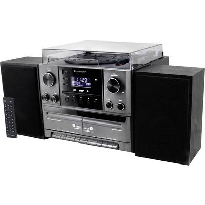 Un impianto stereo con radio, lettore CD e due altoparlanti. Un telecomando è posizionato accanto.