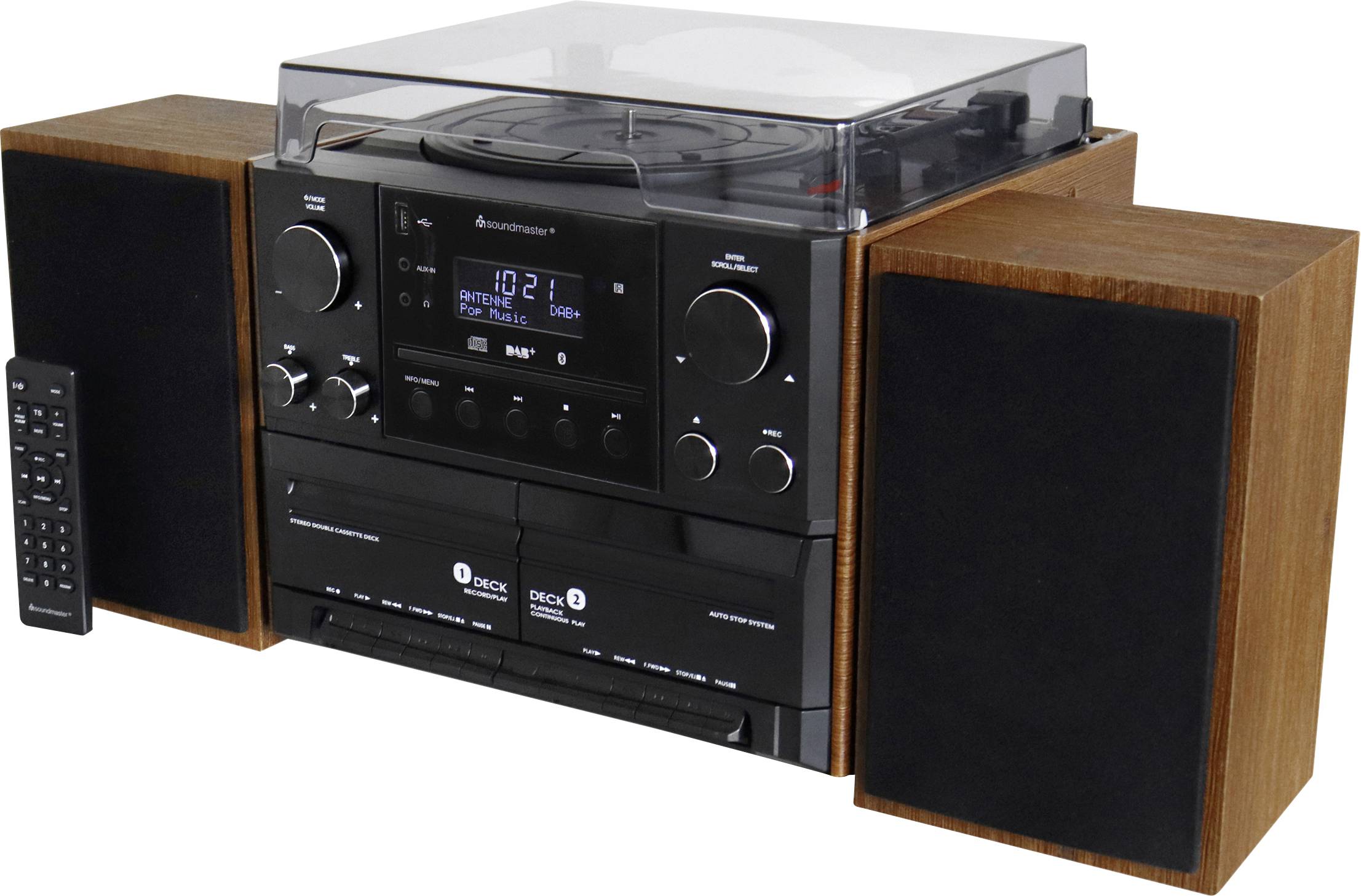 Impianto stereo con altoparlanti in legno, lettore CD, piastra per cassette e giradischi. Il display digitale mostra 'Lodge'.
