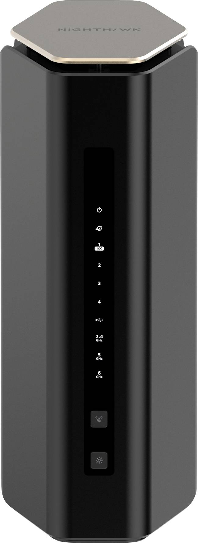 Un router nero lucido con indicatori LED per Wi-Fi, Ethernet, USB e alimentazione.