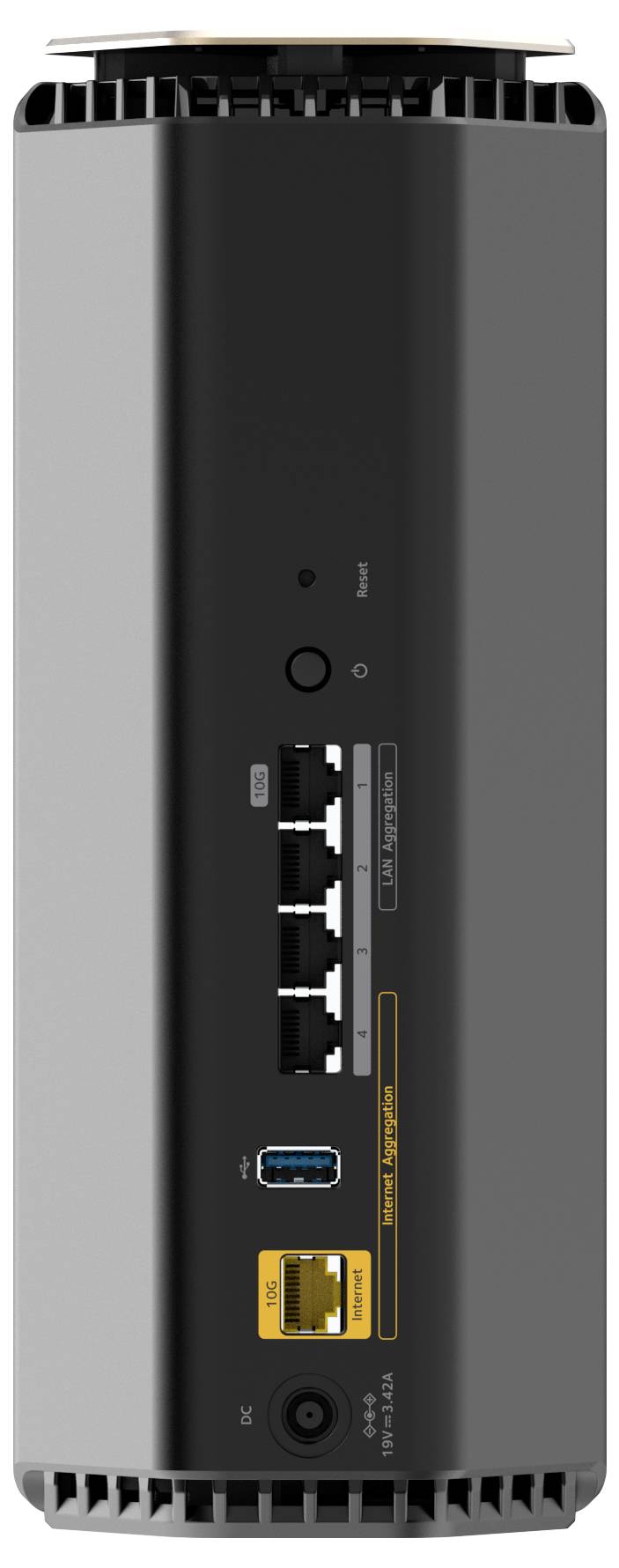 Retro di un dispositivo di rete con cinque porte LAN, una porta USB e un collegamento di alimentazione, idoneo per connessioni ad alta velocità.