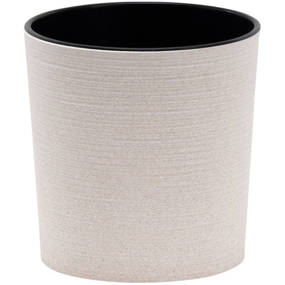 Un cestino della spazzatura beige con bordo interno nero, vuoto e in posizione verticale.