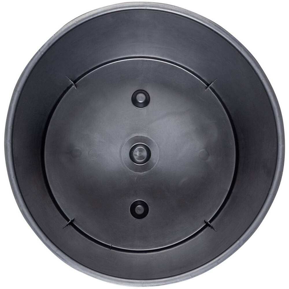 'Vaso rotondo nero visto dall'alto. Non contiene alcun contenuto. Superficie liscia, con scanalature circolari.'