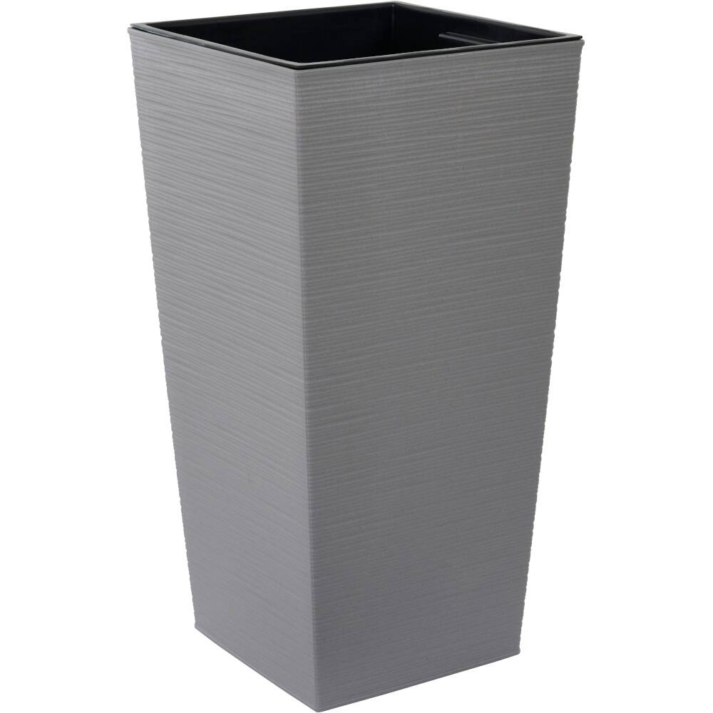 Vaso per piante in plastica grigio, alto, rettangolare, con superficie leggermente scanalata, adatto per interni ed esterni.