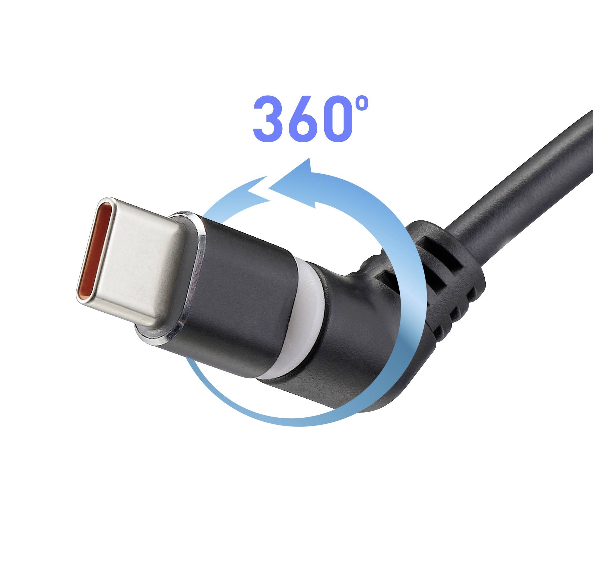 Spina USB-C con meccanismo di rotazione a 360 gradi che consente un collegamento flessibile. Cavo in nero, frecce di rotazione in blu.