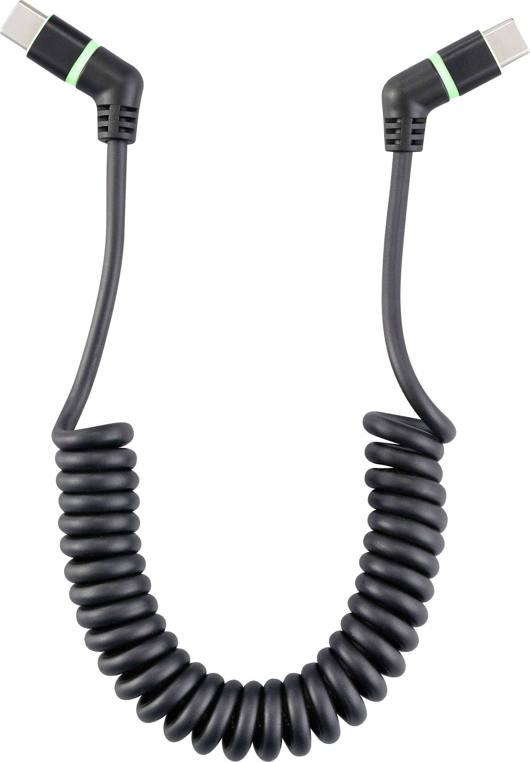 Un cavo USB-C a spirale con due connettori ad angolo.