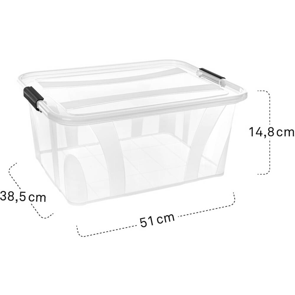 Scatola di plastica trasparente con coperchio, maniglie nere e dimensioni di 51 cm di lunghezza, 38,5 cm di larghezza, 14,8 cm di altezza.