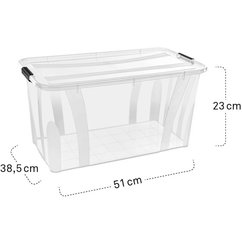 Contenitore di stoccaggio in plastica con design trasparente, dimensioni: 51 cm di lunghezza, 38,5 cm di altezza, 23 cm di profondità, con manici neri.