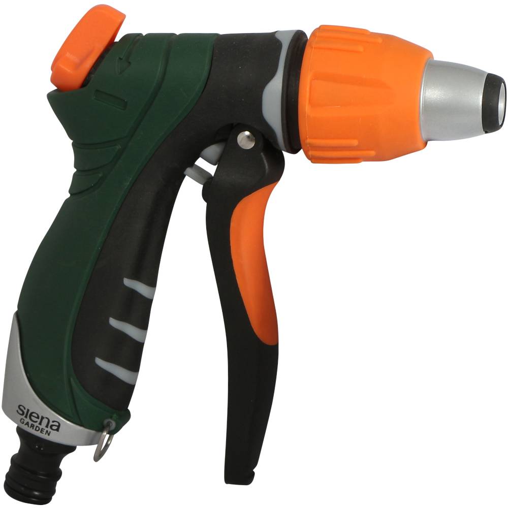 Pistola a spruzzo verde con impugnatura nera e ugello arancione, adatta per scopi di irrigazione in giardino.
