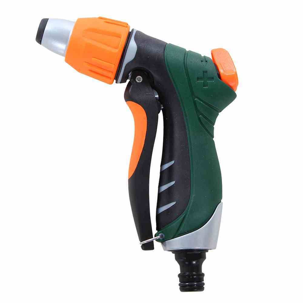 Un ugello spray da giardino verde e arancione, raffigurato di lato, con testa di spruzzo regolabile e impugnatura ergonomica.