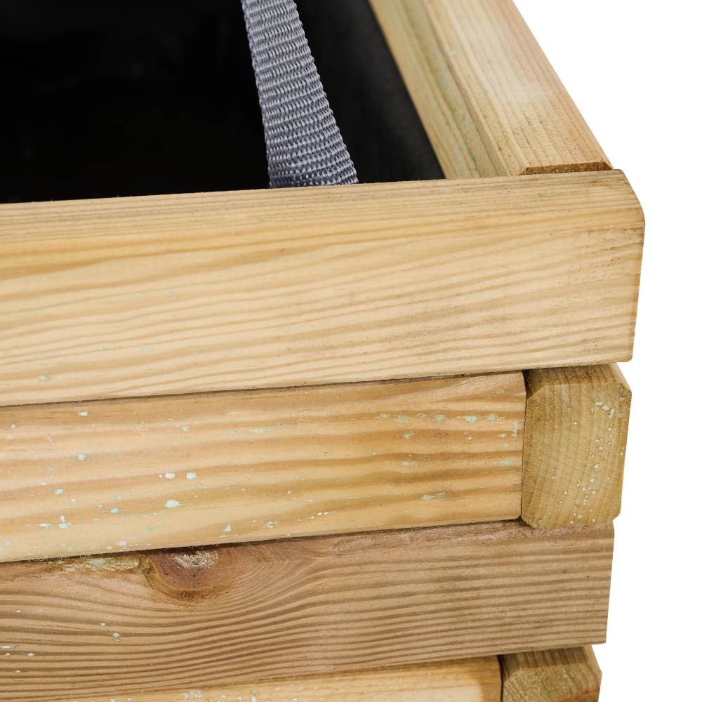 Fioriera in legno con rivestimento interno in tessuto, vista dettagliata. Adatta per l'orticoltura.